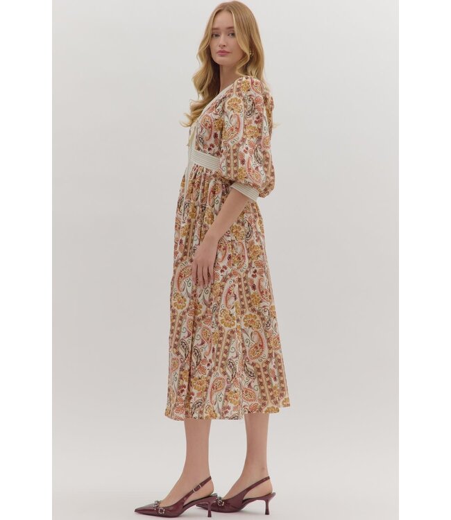 Mila Paisley Print Puff Sleeve Midi Dress