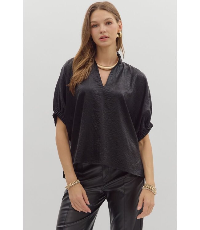 Ella Metallic V-Neck Band Collar Short Dolman Sleeve Top