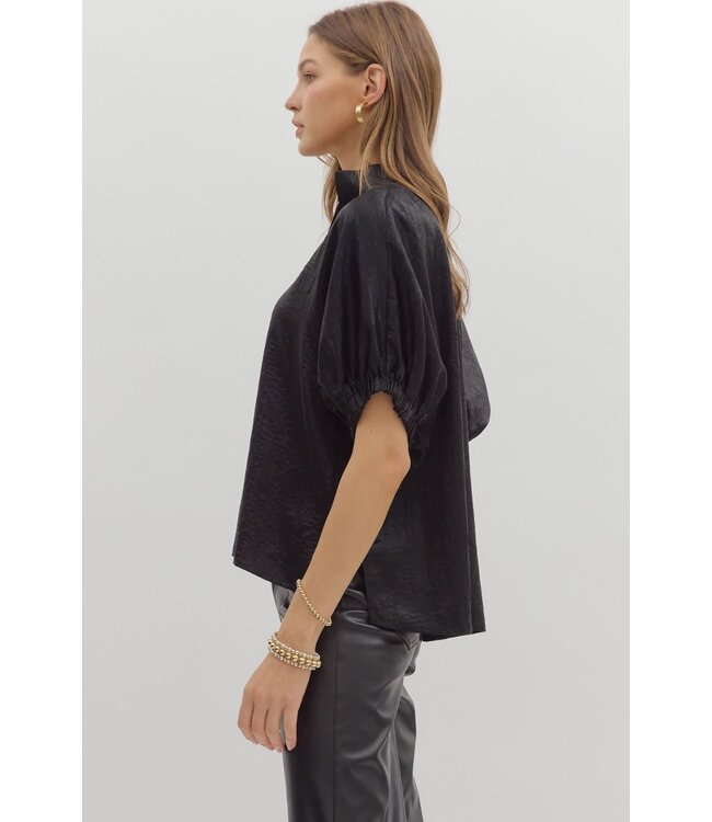 Ella Metallic V-Neck Band Collar Short Dolman Sleeve Top