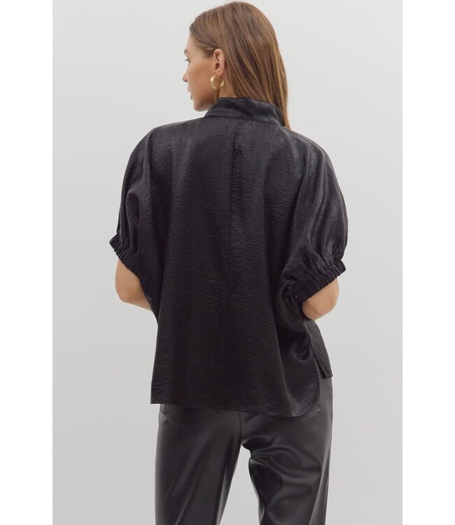 Ella Metallic V-Neck Band Collar Short Dolman Sleeve Top