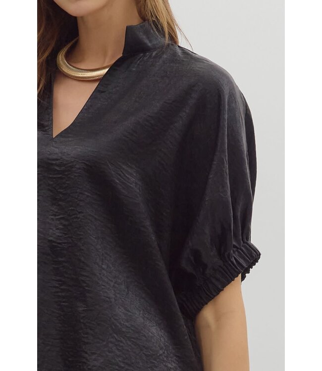 Ella Metallic V-Neck Band Collar Short Dolman Sleeve Top