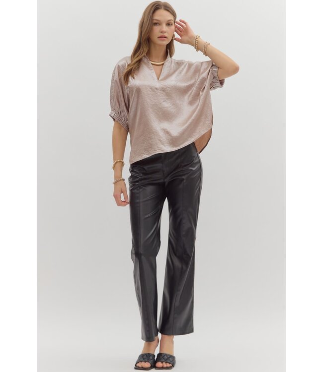 Ella Metallic V-Neck Band Collar Short Dolman Sleeve Top