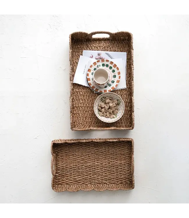 Decorative Braided Bankuan Trays w/ Handles & Scalloped Edge