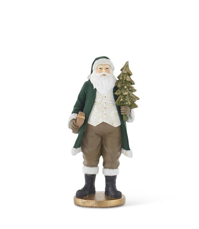 13 Inch Dark Green Velvet Resin Santa With Gold Glittered Christmas Tree