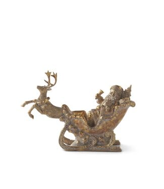 14.5 Inch Antique Gold Resin Santa in Sleigh w/Prancing Deer