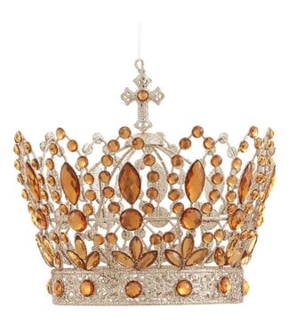 7" Glittered Rhinestone Crown Ornament Amber Gold