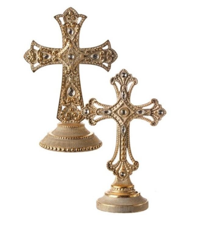 9" Resin Jeweled Cross On Base - Sold Individually