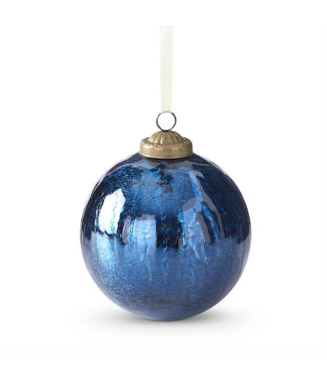 4 Inch Mirrored Blue Crackled Glass Round Ornament