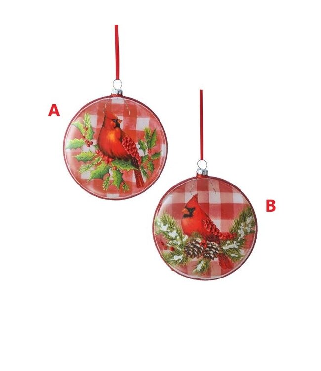 5" Glass Plaid Cardinal Disk Ornament - Sold Individually