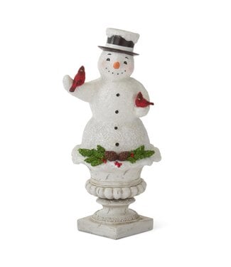 14.5 Inch Glittered Snowman w/Birds on Pedestal