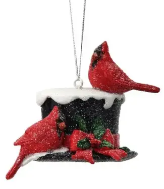 3" Resin Cardinals on Snowman Hat Ornament