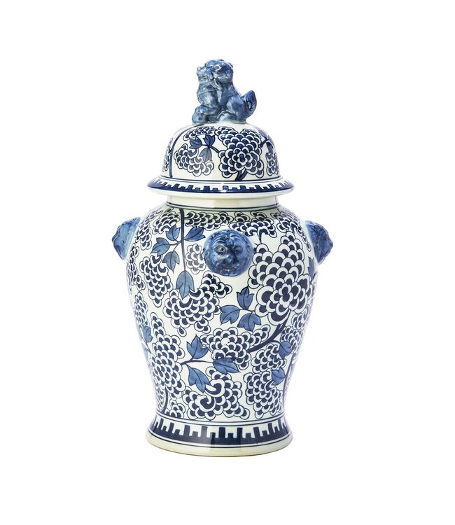 Blue & White Peony Flower Temple Jar