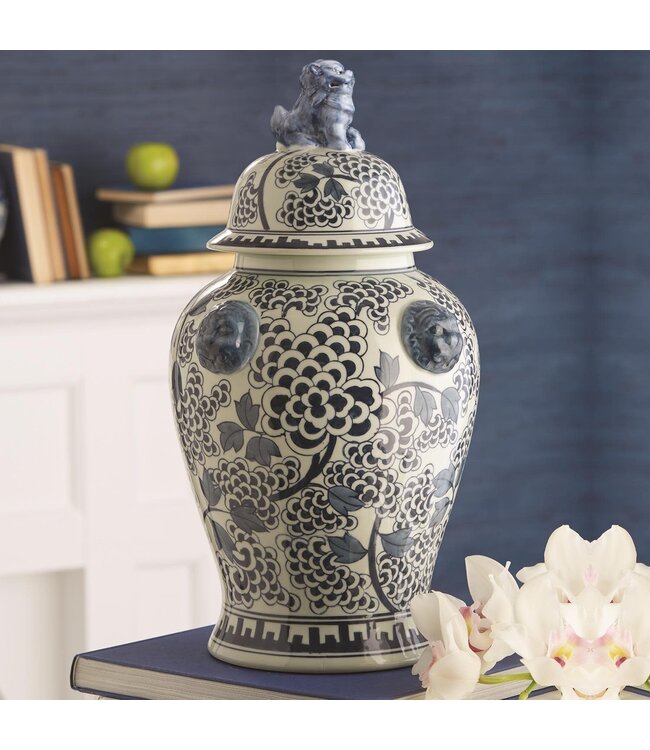 Blue & White Peony Flower Temple Jar