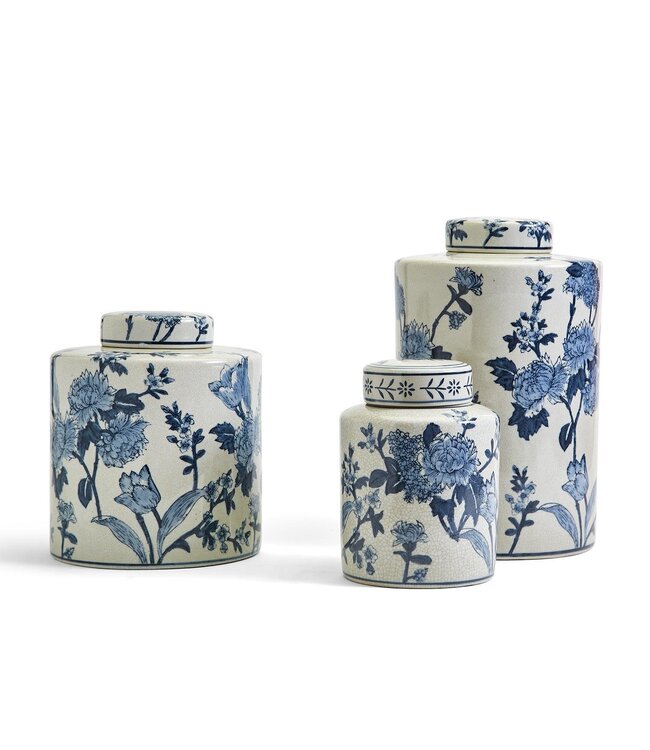 Japanese Blossom Blue and White Decorative Tea Jars with Crackle Finish