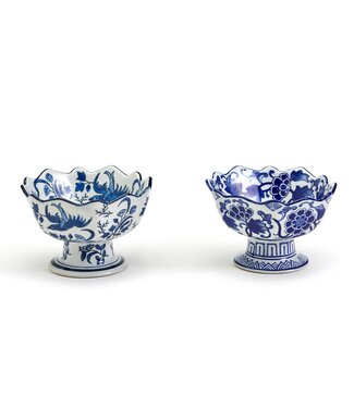 Blue and White Scalloped Edge Hand-Painted Footed Bowl - Sold Individually