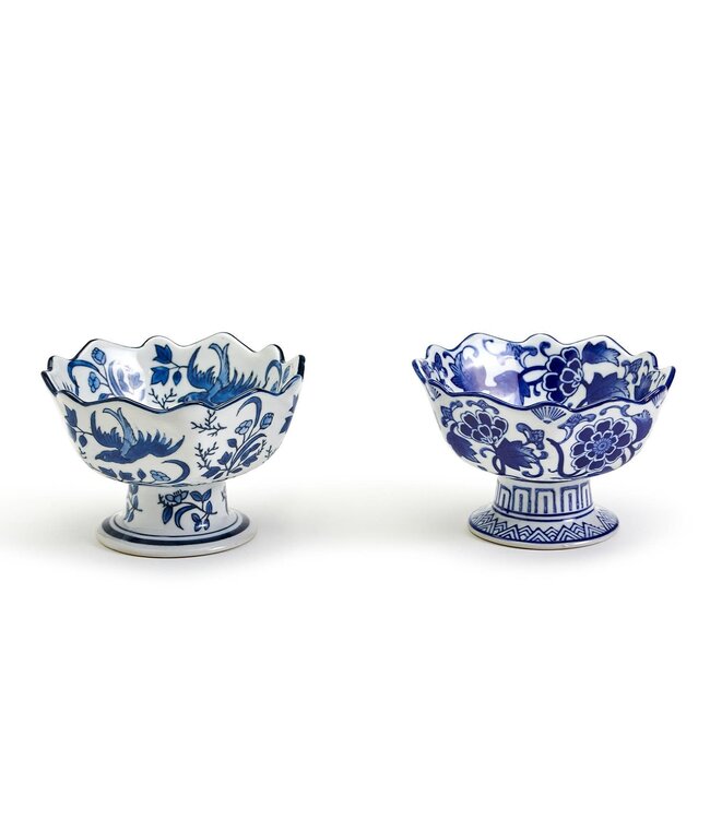 Blue and White Scalloped Edge Hand-Painted Footed Bowl - Sold Individually