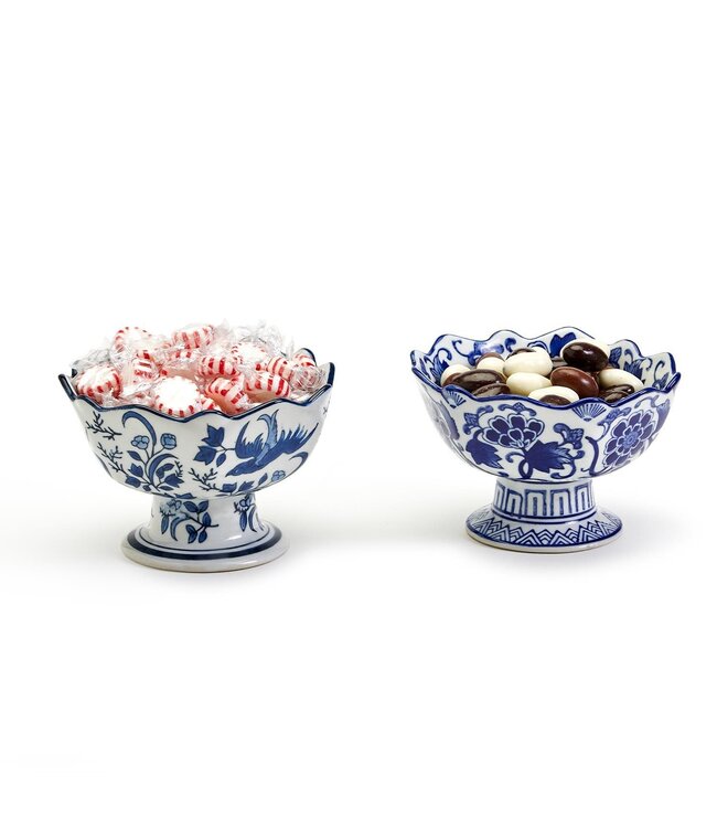 Blue and White Scalloped Edge Hand-Painted Footed Bowl - Sold Individually