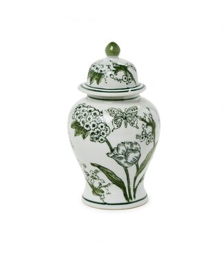 8" Primrose and Lotus Green and White Chinoiserie Jar with Lid