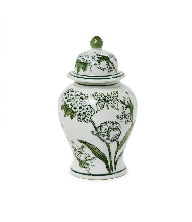 8" Primrose and Lotus Green and White Chinoiserie Jar with Lid