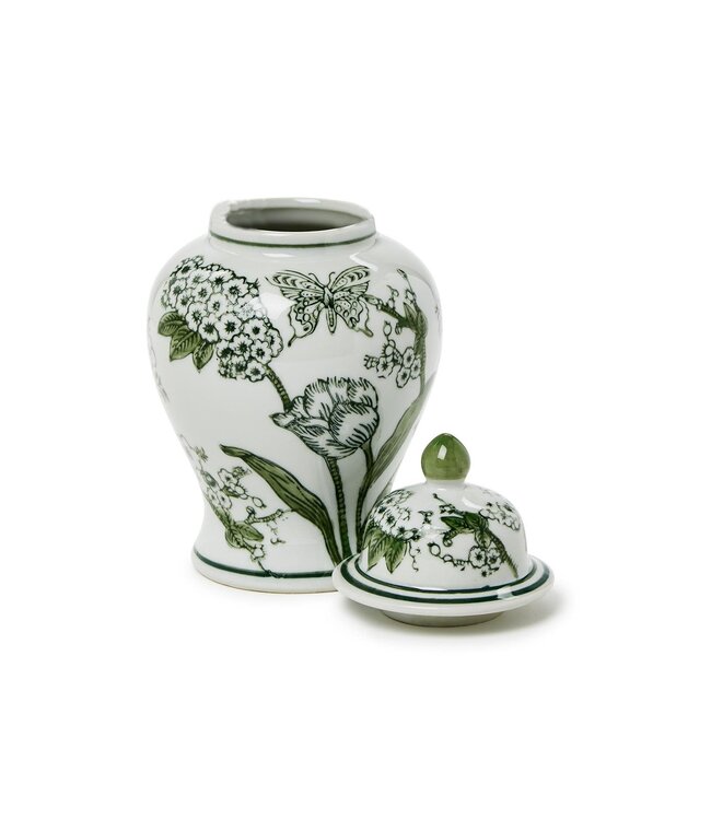 8" Primrose and Lotus Green and White Chinoiserie Jar with Lid