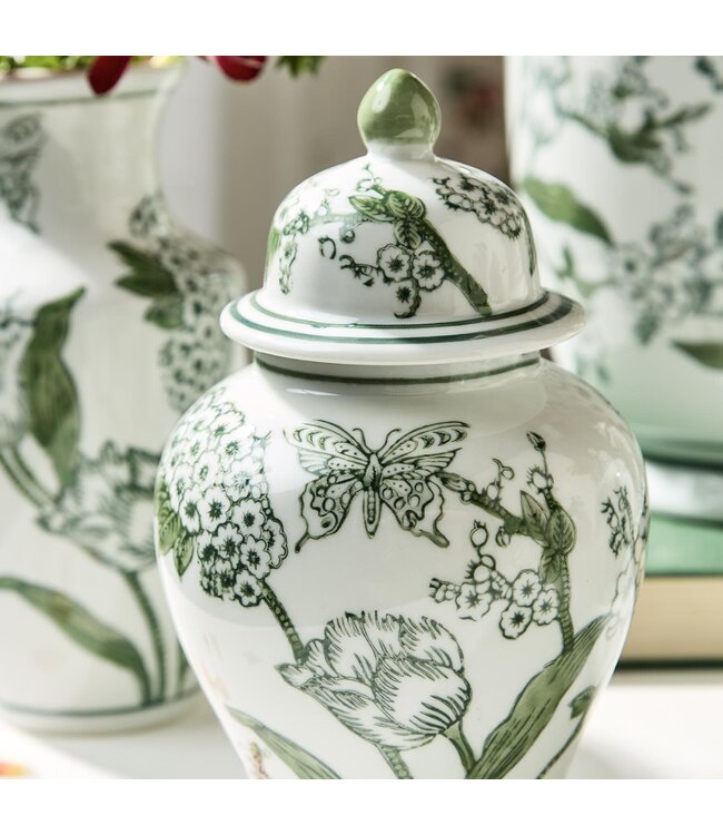8" Primrose and Lotus Green and White Chinoiserie Jar with Lid