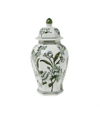 14" Primrose and Lotus Green and White Chinoiserie Hexogonal Temple Jar with Lid