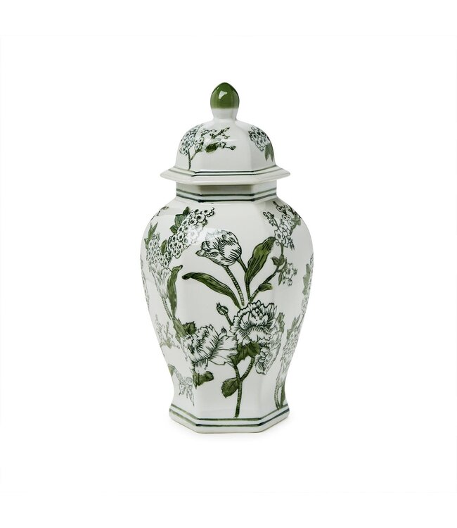 14" Primrose and Lotus Green and White Chinoiserie Hexogonal Temple Jar with Lid