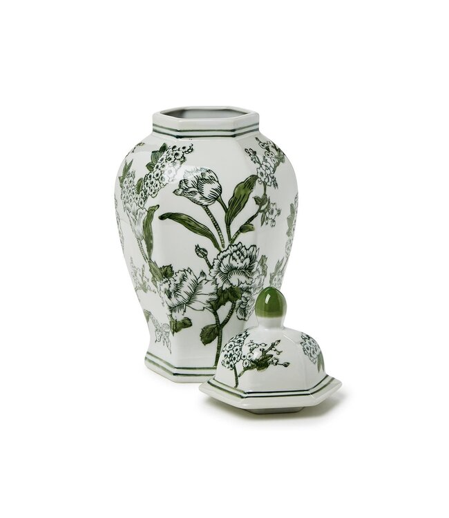 14" Primrose and Lotus Green and White Chinoiserie Hexogonal Temple Jar with Lid