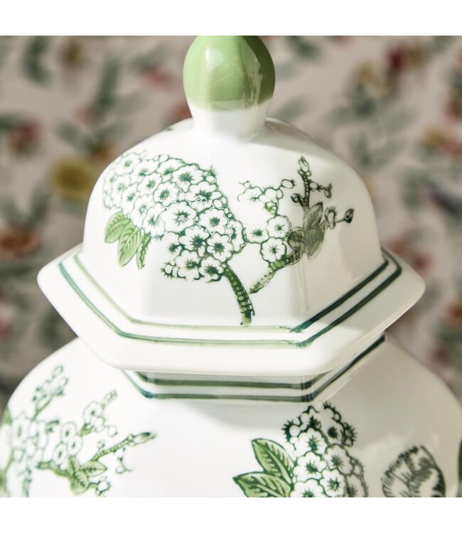 14" Primrose and Lotus Green and White Chinoiserie Hexogonal Temple Jar with Lid