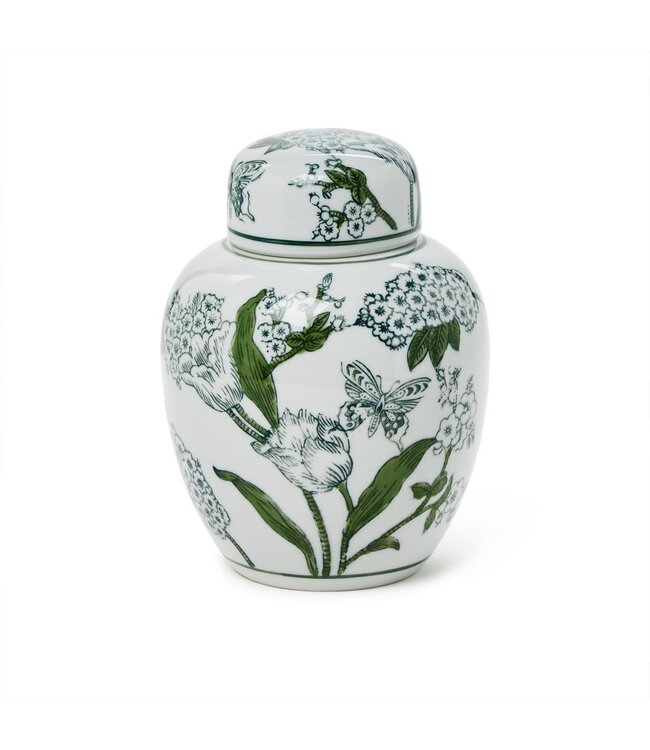 7 1/2" Primrose and Lotus Green and White Chinoiserie Ginger Jar with Lid