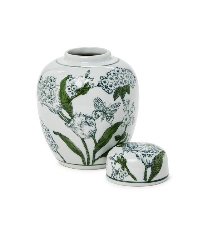 7 1/2" Primrose and Lotus Green and White Chinoiserie Ginger Jar with Lid