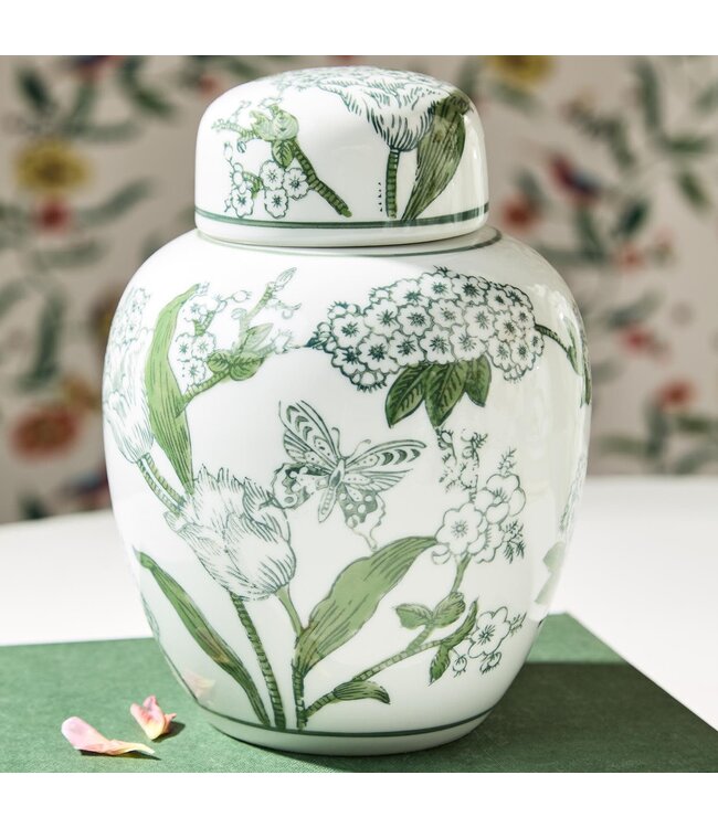 7 1/2" Primrose and Lotus Green and White Chinoiserie Ginger Jar with Lid