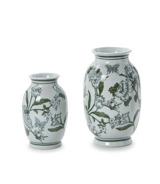 Primrose and Lotus Green and White Chinoiserie Vase - Sold Individually