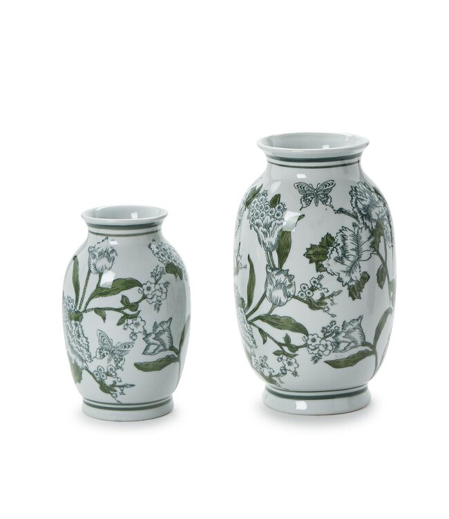 Primrose and Lotus Green and White Chinoiserie Vase - Sold Individually