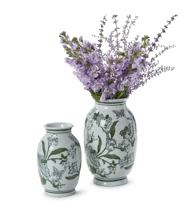Primrose and Lotus Green and White Chinoiserie Vase - Sold Individually