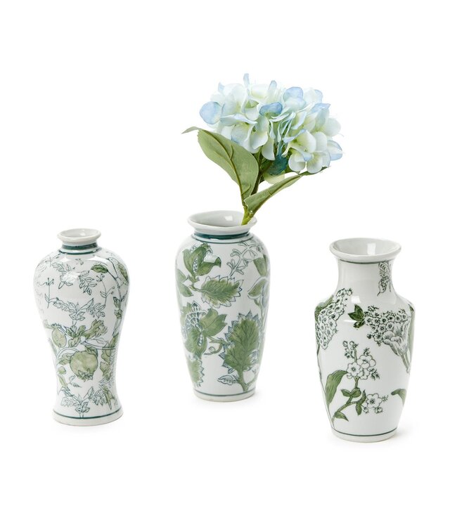 Primrose and Lotus Hand-Painted Green and White Chinoiserie Vase - Sold Individually