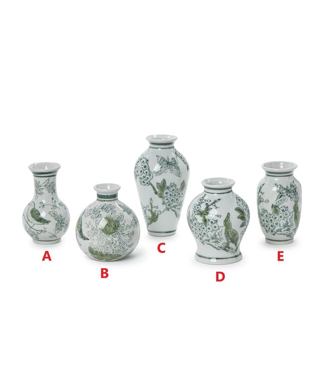 Primrose and Lotus Hand-Painted Mini Green and White Chinoiserie Vase