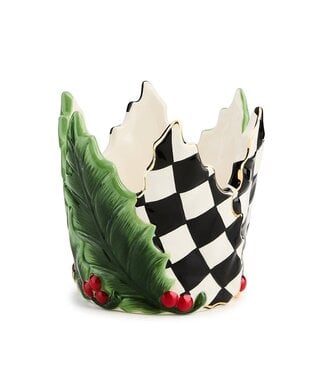 MACKENZIE CHILDS Holly Leaf Ceramic Short Pillar Candle Holder