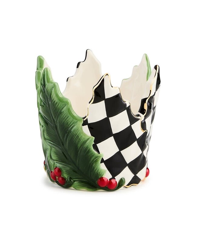 MACKENZIE CHILDS Holly Leaf Ceramic Short Pillar Candle Holder