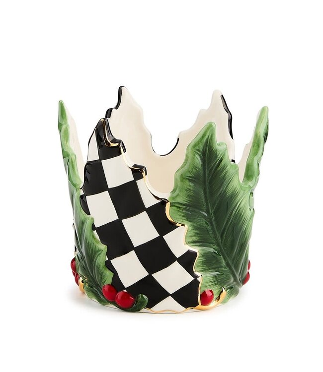 MACKENZIE CHILDS Holly Leaf Ceramic Short Pillar Candle Holder