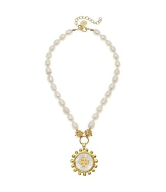 SUSAN SHAW Mother of Pearl Jerusalem Cross Pearl Necklace