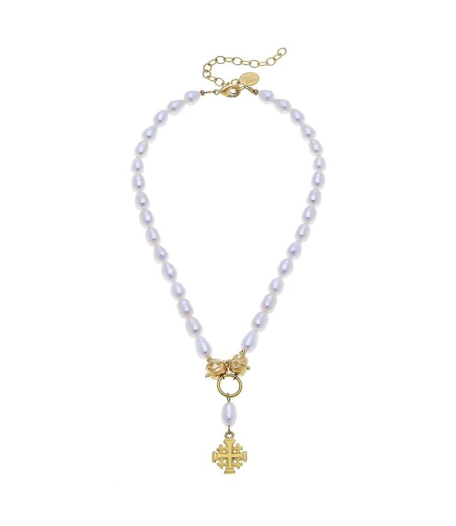 SUSAN SHAW Jerusalem Cross Freshwater Pearl Necklace