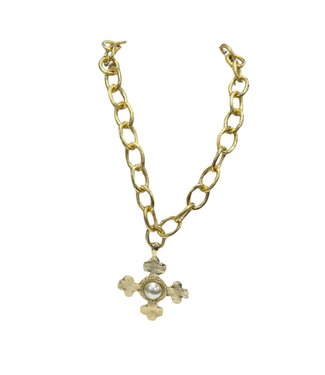 SUSAN SHAW HC Gold 4 Cross Pendant With Pearl On Loop Chain Necklace