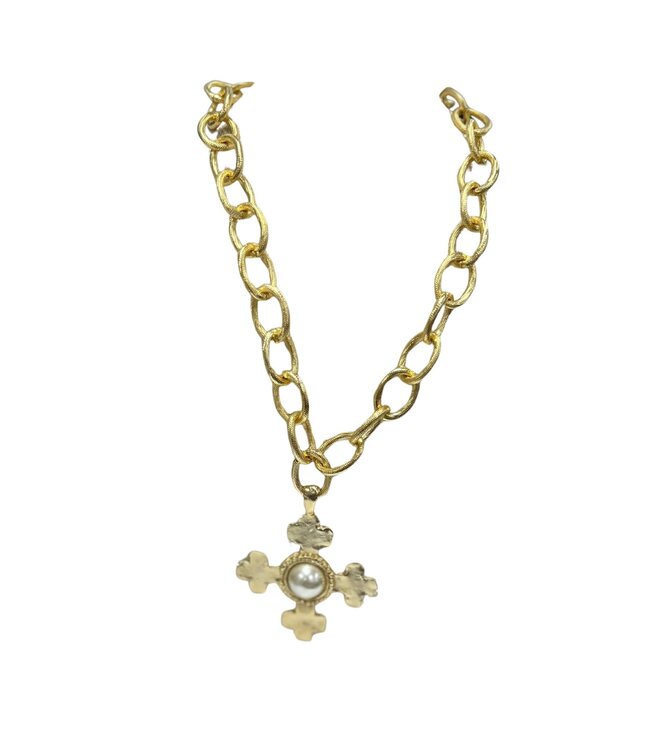 SUSAN SHAW HC Gold 4 Cross Pendant With Pearl On Loop Chain Necklace