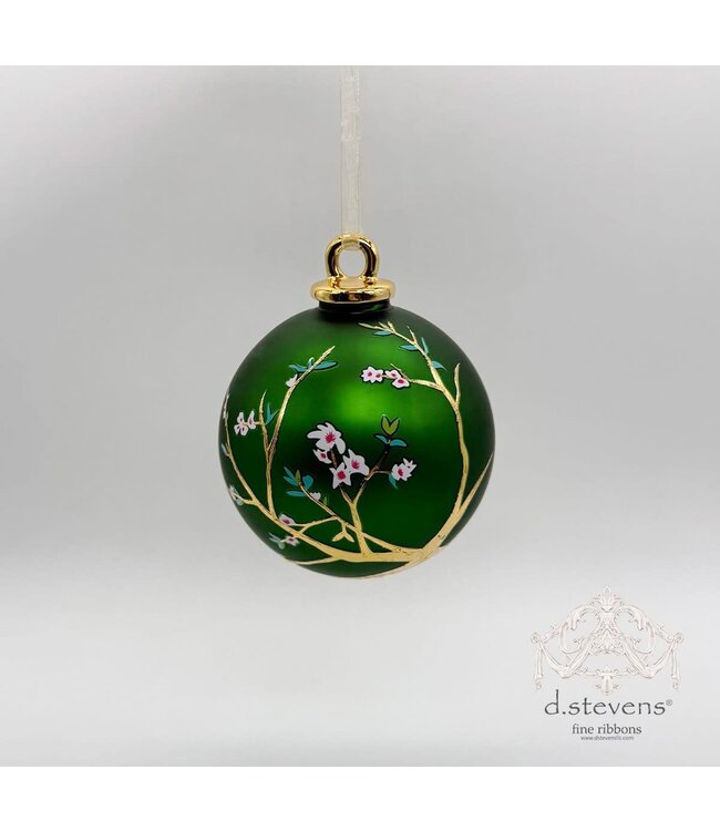 100MM Glass Ball Cherry Blossom Branches Ornament, Emerald