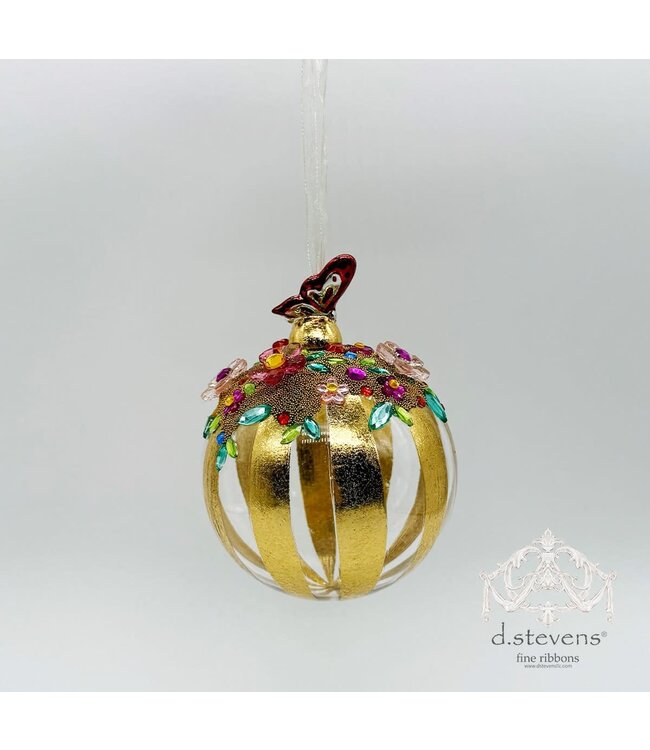 100MM Hand-Blown Glass Ball Jeweled Garden Party Ornament, Clear Gold