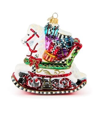 MACKENZIE CHILDS Rocking Horse with Gifts Glass Ornament
