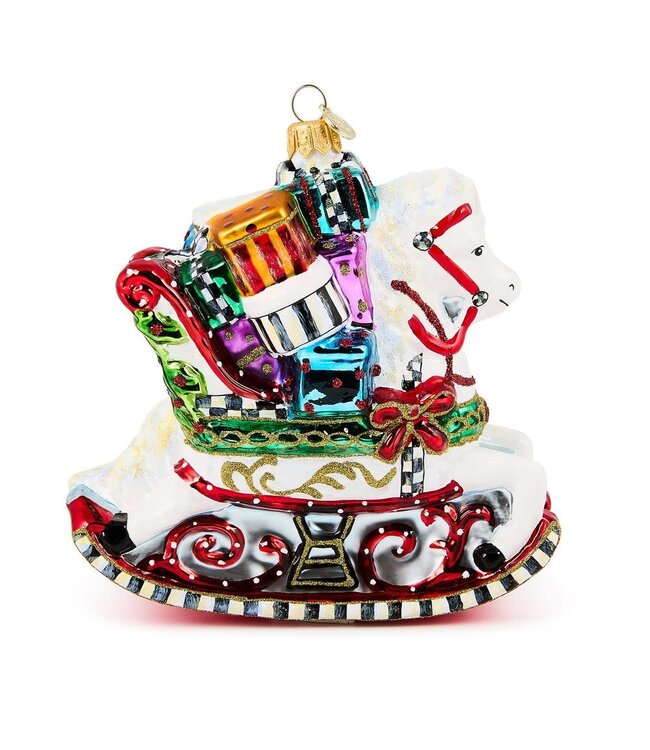 MACKENZIE CHILDS Rocking Horse with Gifts Glass Ornament