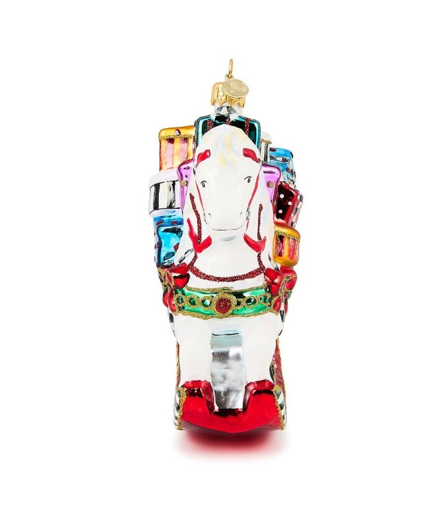 MACKENZIE CHILDS Rocking Horse with Gifts Glass Ornament