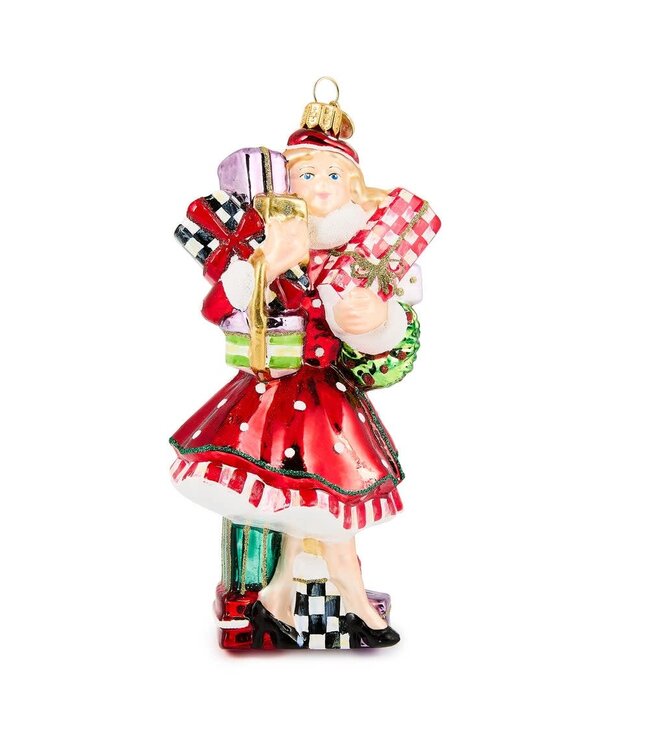 MACKENZIE CHILDS Check It Out Shopper Lady Glass Ornament